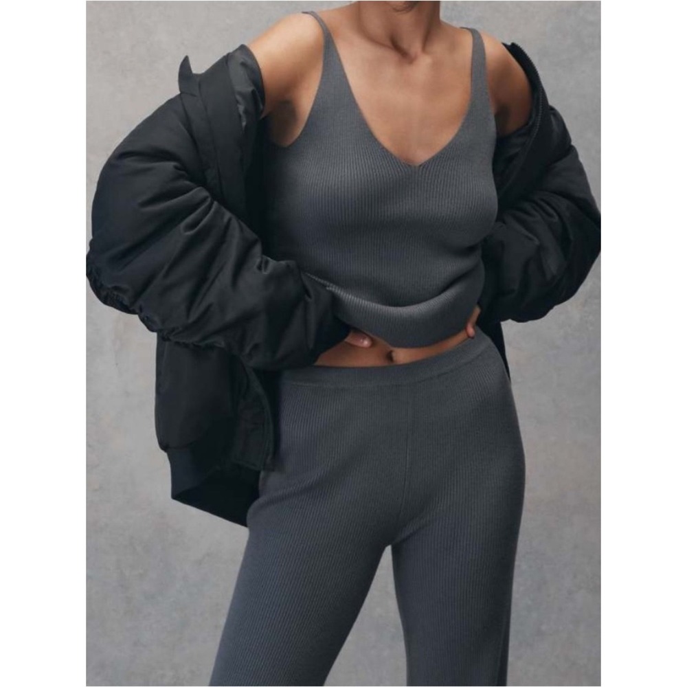 Meshki Alicia Sleeveless Ribbed Knit Top & Ribbed Knit Wide Leg Pants Charcoal S